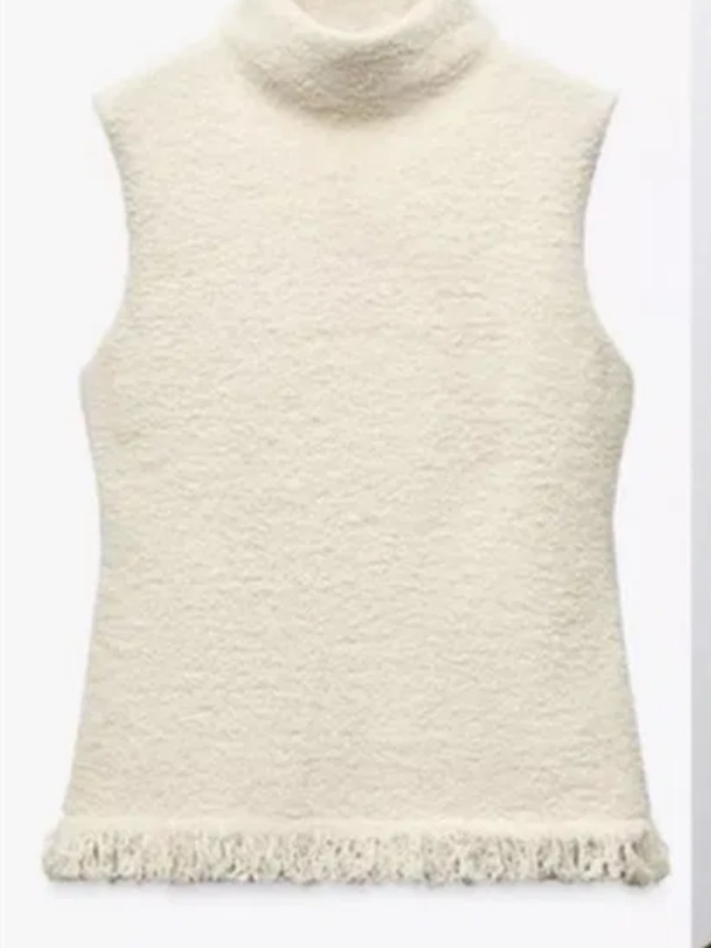 Zara Cream Bouclé Sleeveless Turtleneck Vest with Fringe Hem